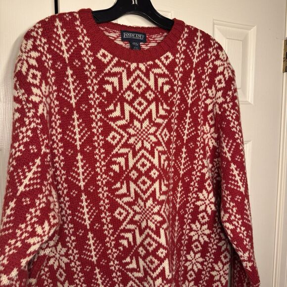 Vintage Scotland Lands' End Large (42-44) Wool Sweater Red White Pullover Mens - Picture 2 of 7
